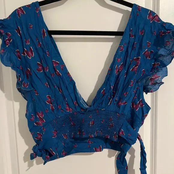 Free People Butterfly Pretty Dayz V-Neck Crop Blouse Top Blue Womens Size Large - Picture 7 of 8